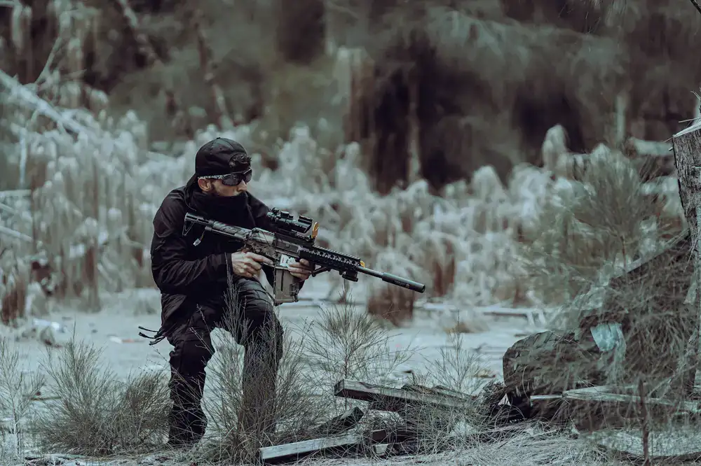 Players operating tactical shooter setups